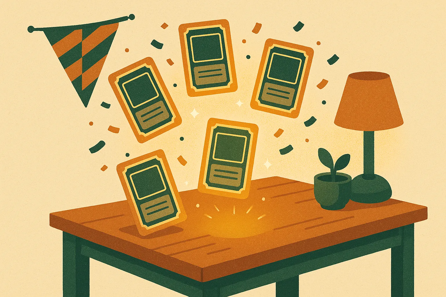 Illustrated game table with floating cards